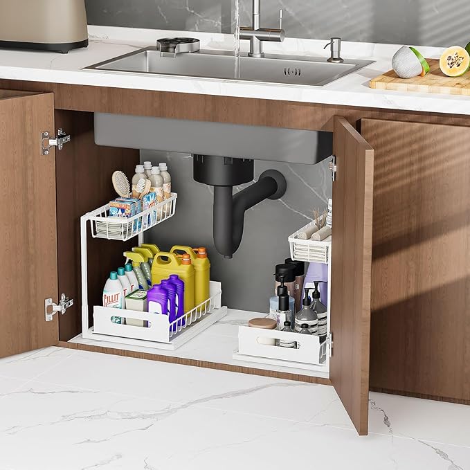 Ceetug Under Sink Organizers and Storage 2 Tier Slide Out Kitchen Cabinet Organizer Sturdy Metal Bathroom Storage (White, 2 Pack)