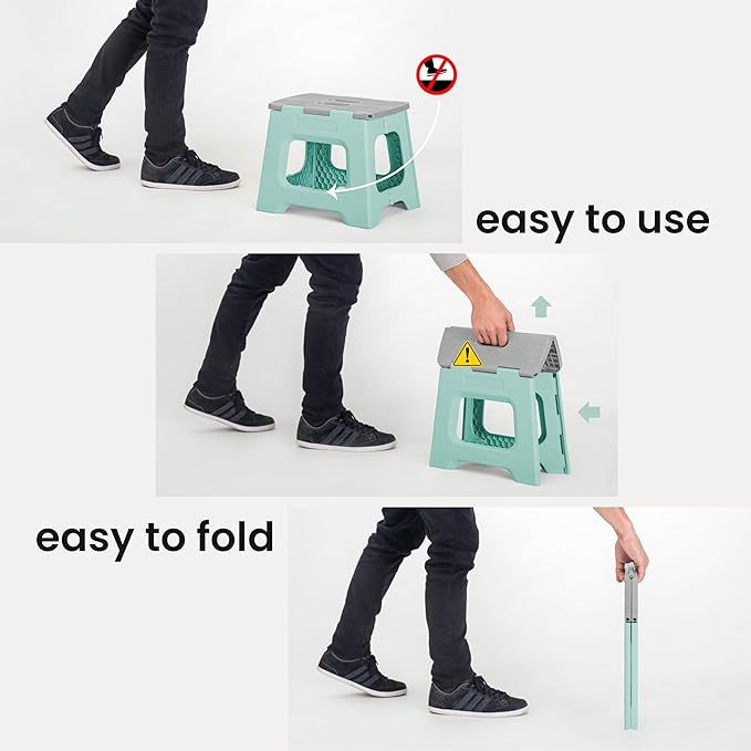 Vigar Compact Folding Step Stool - 12-1/2 Inch Foldable Step Stool for Adults, Lightweight Portable Stool with Handle, Non Slip Step Stool, Space-Saving Stool up to 330 lb - Light Turquoise