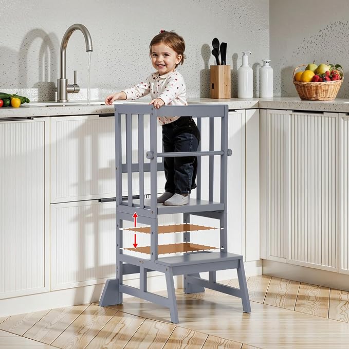 COSYLAND Toddler Standing Tower - Adjustable Height Toddler Kitchen Stool Helper - Kids Kitchen Step Stool for Learning with Removable Safety Railing Ash Gray