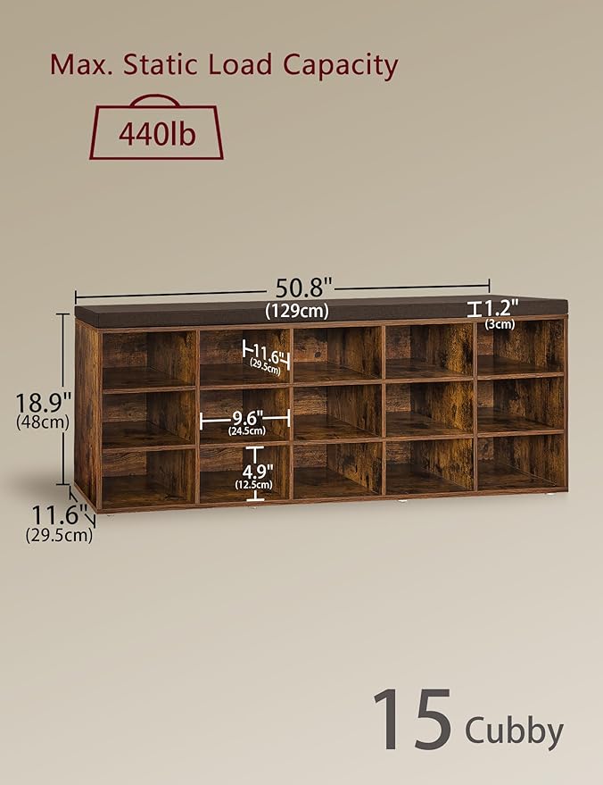 DINZI LVJ Shoe Storage Bench with Cushion, 15-Cubby Rack, Adjustable Shelves, Long Organizer Bench for Entryway, Mudroom, Hallway, Living Room, Bedroom and Garage, Rustic Brown
