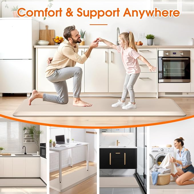 4/5 Inch Thicker Kitchen Mat, Cushioned Thick Floor Comfort Mat, with Non-Slip Bottom, Water & Stain Resistant, Easy Clean Standing Desk Mat for Kitchen, Sink, Office (17.3"x60"x0.8", Khaki)