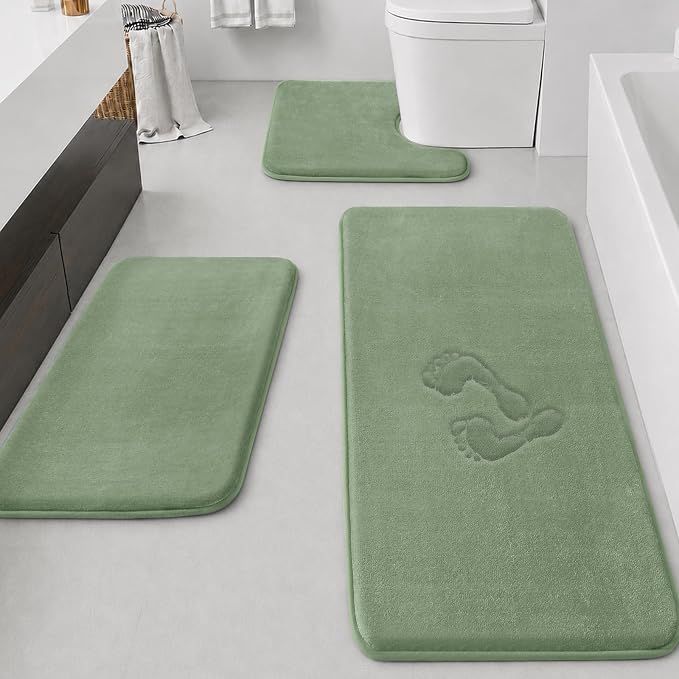 HUXMEYSON Bathroom Rugs Sets 3 Piece, Non-Slip & Quick Dry Bath Mat Set, Ultra Soft Velvet Bath Rugs for Bathroom, Toilet and Shower Floor, Grey Green