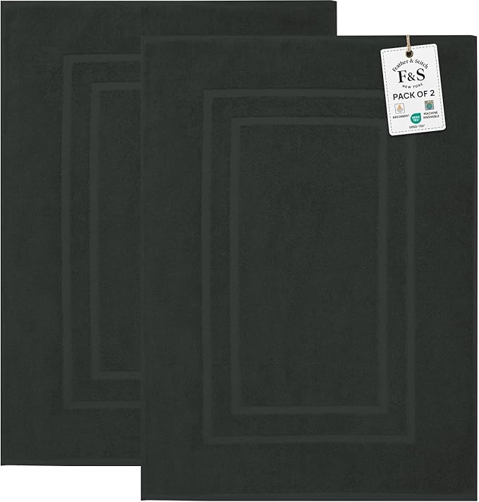 Feather & Stitch 2 Piece Towel Like Bath Mats (30x21 Inch) 100% Cotton Terry Bath Mats, Bathroom Shower Floor Mats [NOT A Bathroom Rug], Soft Absorbent Washable Mats - Charcoal