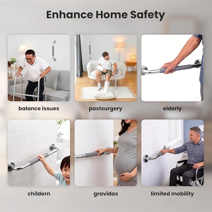 2 Pack 24 Inch Shower Grab Bar, Mirror Polished Stainless Steel Bathroom Safety Handrail, Scratch-Proof Gray Rubber Anti-Slip Grip, Heavy Duty Support for Seniors,Handicap, Pregnant & Kids
