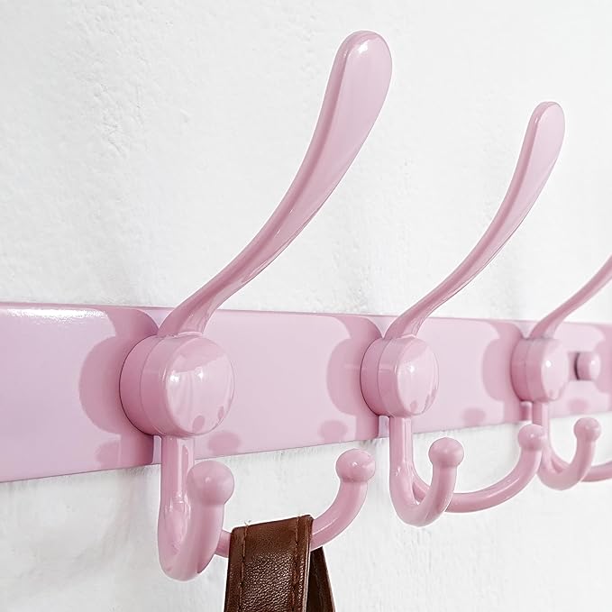 Dseap Coat Rack Wall Mount - 38” Long 10-Tri-Hooks Heavy Duty Coat Hanger Rail Wall Hooks for Hanging Coats Hats Clothing Clothes Purse Mudroom Entryway, Pink, Pack of 2