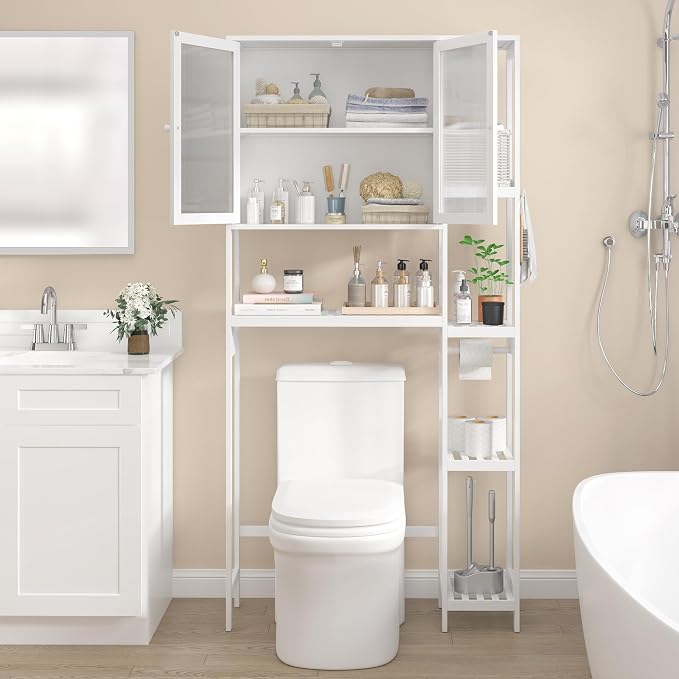 Over the Toilet Storage Cabinet Above Toilet Bathroom Organizer with Toilet Paper Holder Stand Bath Organizer with Adjustable Shelves & Acrylic Doors,Anti-Tip Device (White)