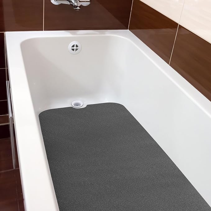 Dunzoom 16" x 40" Non Slip Bathtub Mat with Drain Cut Out Non Skid Safety Bath Mat Adhesive Peel and Stick Bath Tub Mat Arc Angle PEVA Tub Anti Slip Stickers for Shower Floor Wet Areas(Dark Gray)