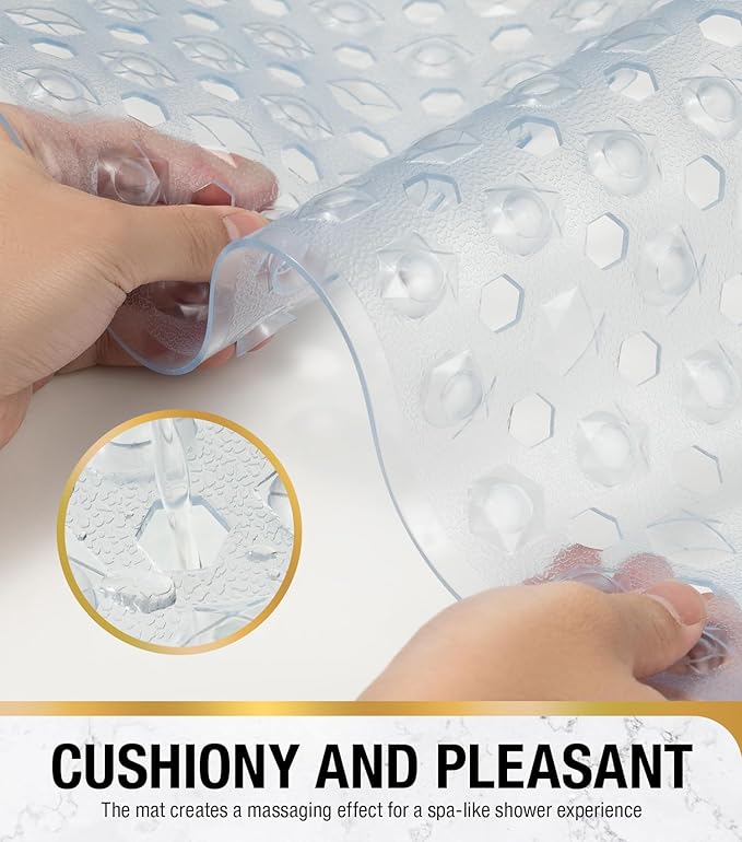 HITSLAM Non Slip Shower Stall Mat with Center Drain Hole, Diamond Textured PVC Bath Mat for Inside Shower, Machine Washable, Strong Suction Cups for Bathroom Bathtub Mat, 24x24 Inch, Clear