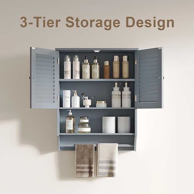 ChooChoo Bathroom Wall Cabinet with Towels Bar, 23.6" L x7.9 W x27.5 H MDF Material Medicine Cabinet, 2 Doors Over The Toilet Space Saver Storage Cabinet with Large Space, Grey