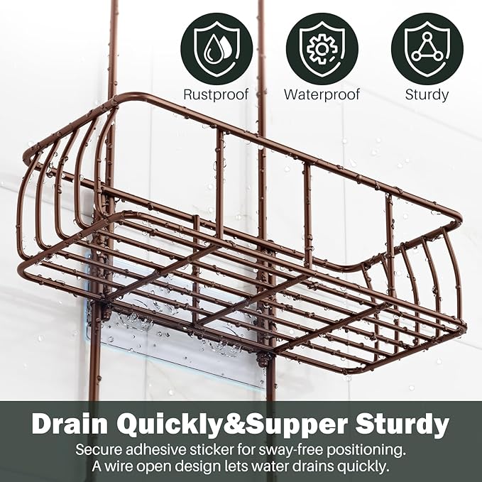 Epicano Shower Caddy Hanging Over Head, Bronze | Rustproof,4 Hooks for Towels,Sponge and & Bathroom Accessories,Anti-Swing Suction Cups & Adhesive hooks