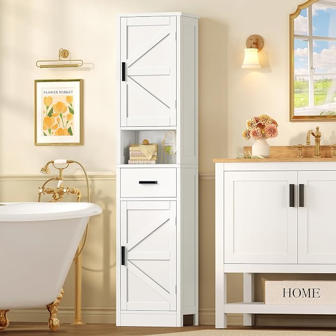 TEENFON 67" H Bathroom Storage Cabinet with Barn Doors & Adjustable Shelves, Bathroom Cabinet with Drawer, Narrow Bathroom Storage Unit, Floor Cabinets for Living Room, Kitchen, White