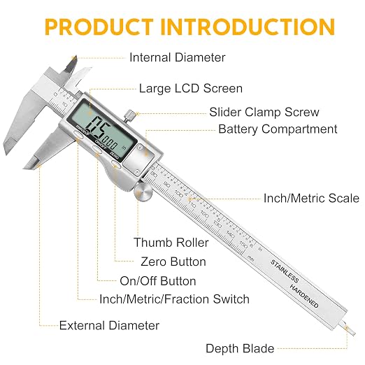 Digital Caliper, Sangabery 6 inch Stainless Steel Caliper Measuring Tool with Inch/Metric/Fractions Conversion and Large LCD Display, Perfect for DIY, Household and Professional Use
