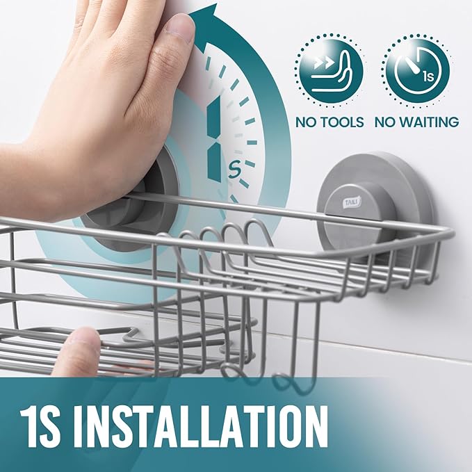 TAILI Shower Caddy Suction Cup with Hooks & Soap Holder, Heavy Duty Bathroom Shower Organizer, No Drilling Shower Shelves for Inside Bathroom, Metal Storage Holder-Grey
