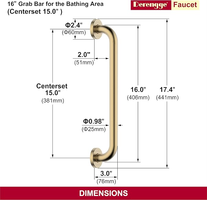 16 Inch Grab Bar 304 Stainless Steel Anti-Slip Bathroom Safety Handrail Wall Mount Assist Grip for Elderly Handicap Bathtub Shower Toilet,GB-4023-BG,Brushed Gold