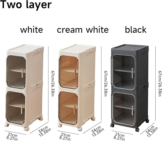 UFORU 2-Tier Tall Narrow Storage Cabinet- Plastic Slim Bathroom Storage Organizer with Magnetic Doors,Adjustable Shelves&Movable Wheels, Foldable Skinny Cabinet for Small Spaces,Kitchen, Black
