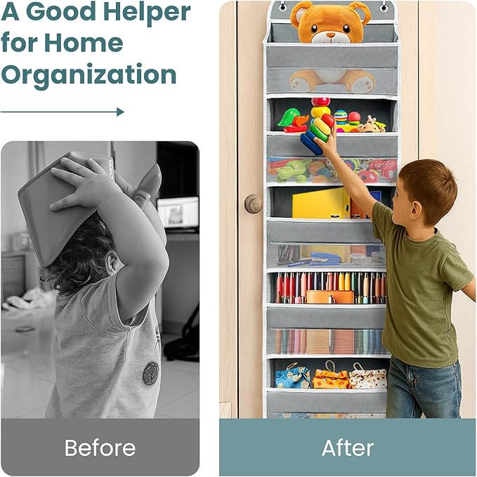 Easy Assembly Over The Door Organizer, 6 Shelves& 10 Side Pockets, Heavy-Duty Reinforced Mesh Rack Holds 44lb, Hanging Behind Door Storage for Bathroom Pantry, Nursery, Closet, Shoes, Towels-Grey