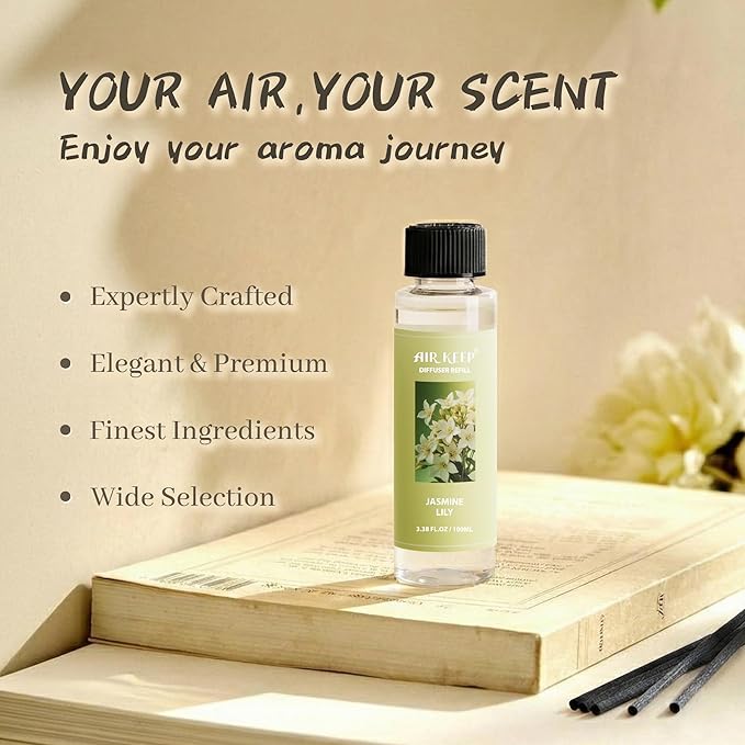 Airkeep Reed Diffuser Oil Refill/Jasmine Lily/3.38 oz / 1 Pack/Air Freshener & Aromatherapy Essential Oil Blend for Home Fragrance – Scented Refill Oil for Bathroom, Bedroom & Home Decor