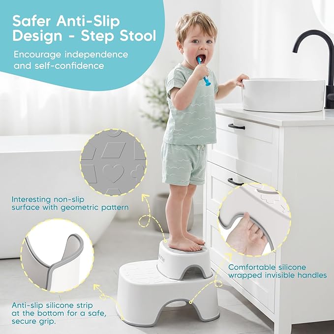 Maliton Baby Potty Training Seat with Step Stool, Potty Training Toilet for Boys Girls, Anti-Slip Toddler Stool for Bathroom, Kitchen, Toddler Toilet Seat Set(One Potty Seat+Two Step Stool for Kids)