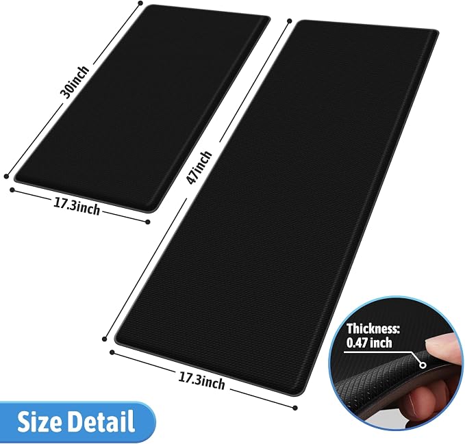 StepLively Kitchen Mat, 2 PCS Kitchen Rugs, Cushioned Kitchen Mats for Floor, Anti Fatigue Kitchen Rug Set, Non-Skid Standing Mat for Kitchen, Office, Sink, 17.3"×30"+17.3"×47", Black