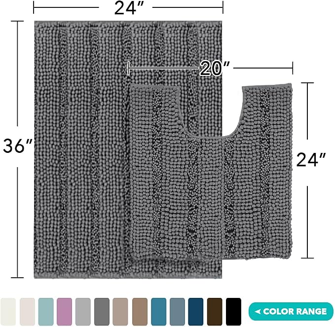 Turquoize Chenille Bathroom Rugs Set Non-Slip Bath Mats for Bathroom Super Absorbent Shaggy Rugs for Tub Shower Toilet Plush Bath Rug Plus U Contour Rug (Oversized: 24" x 36" and 20" x 24" U), Gray