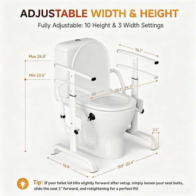 Toilet Safety Rails for Seniors, 350 LBS Heavy Duty Adjustable Toilet Grab Bars, Raised Toilet Assist Frame for Elderly, Disabled & Post-Surgery Recovy ﻿