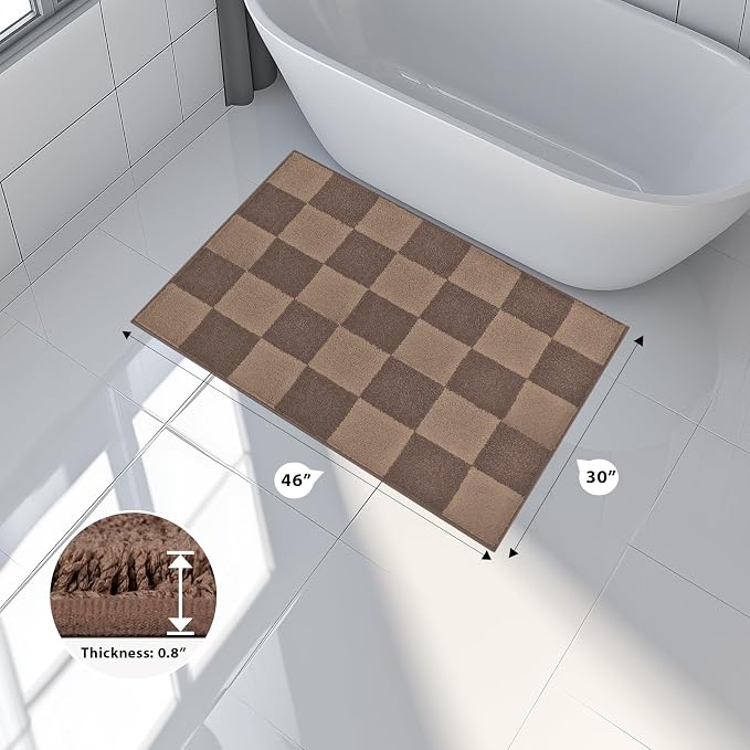 anllugs Bathroom Rugs 30" x 46", Non-Slip Extra Soft Absorbent Bath Rugs, Machine Washable Quick Dry Bath Mats for Bathroom Floor, Shower, Bathtub and Sink, Checkered Grayish Brown & Coffee