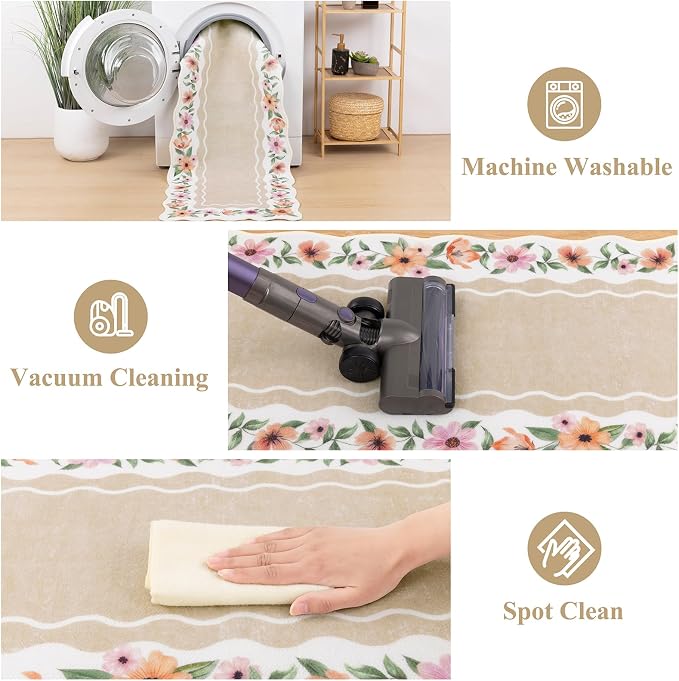 Vaukki Boho Kitchen Rug Sets 3 Pieces, Washable Kitchen Mats for Floor, Non Slip Soft Kitchen Area Rug Floor Mat for Kitchen, Laundry Room and Hallway (Flower-Beige, 20''x32''+20''x47''+20''x59'')