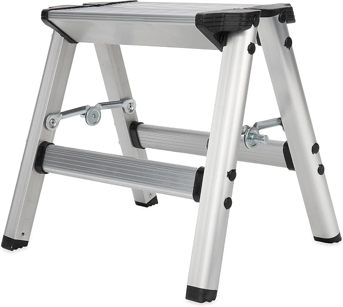Camco Folding Metal Step Stool - Perfect for Hard to Reach Areas in Kitchens and Closets, Great as a Truck Stool, Folds for Easy Storage (43672), Silver,One Size