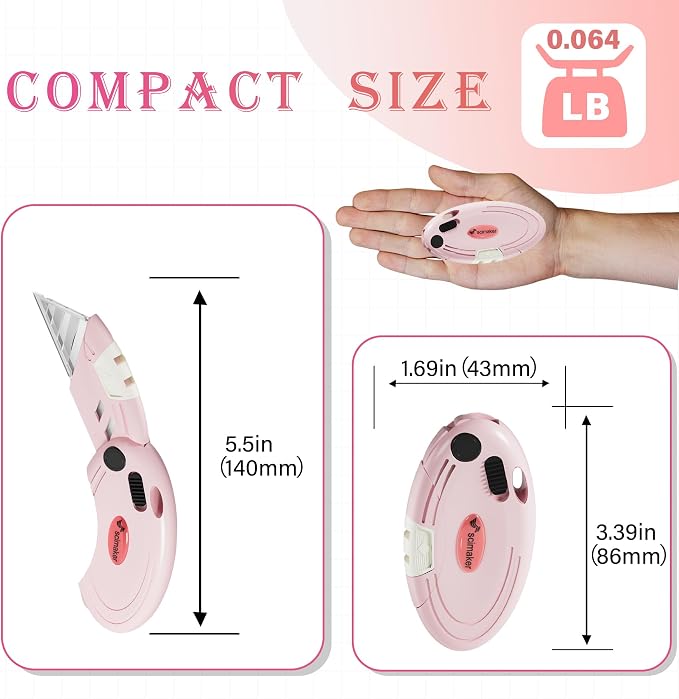 Box Opener with 10 Extra Blades,Mini Box Cutter with Button Lock Mechanism,Razor Blades Utility Knife for Opening Daily Express Boxes, Packages, Envelopes,Paper tapes,Pink,4 Pcs.