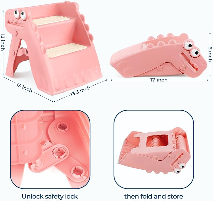 Onasti Toddler Step Stool Foldable Kids Step Stool,Bathroom Stool for Toddlers Non-Slip Toddler Step Stool for Bathroom Sink and Kitchen Counter with Cute Dinosaur Design(Pink)