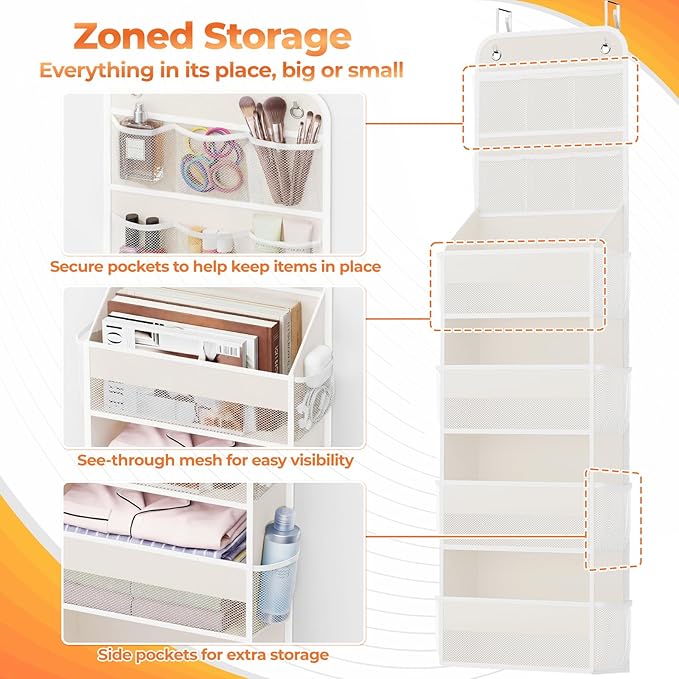 SpaceHacks 6-Tier Over the Door Organizer with Mesh Pockets, Baby Nursery Storage for Closet, Bathroom and Bedroom, Adjustable Hanging Closet Organizer for Cosmetics, Books and Essentials (Beige)