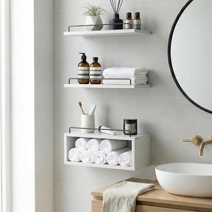 LANDNEOO Floating Shelves for Wall with Cube Shelf, Set of 3 Wood Bathroom Shelves Over Toilet for Storage, Wall Mounted Organizer with Metal Rail for Restroom Decor and Toilet Paper, White