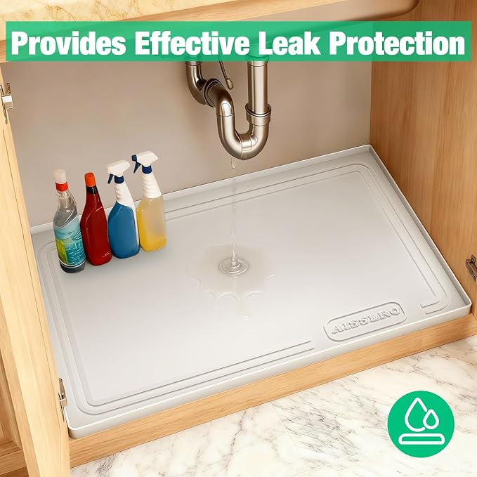 Aisslro Under Sink Mat 34" X 22", Waterproof Silicone Cabinet Organizer Protector with Raised Edge, Kitchen & Bathroom Leak Tray, Shelf Liner & Pet Feeding Mat for Dog Cat Food Mats, Beige