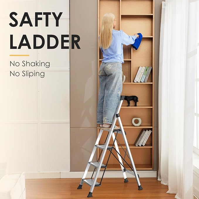 HBtower 4 Step Ladder, Lightweight Aluminum Ladders for Home with Tool Tray, Anti-Slip Folding Step Stool for Adults, Strudy Portable 330LBS Capacity