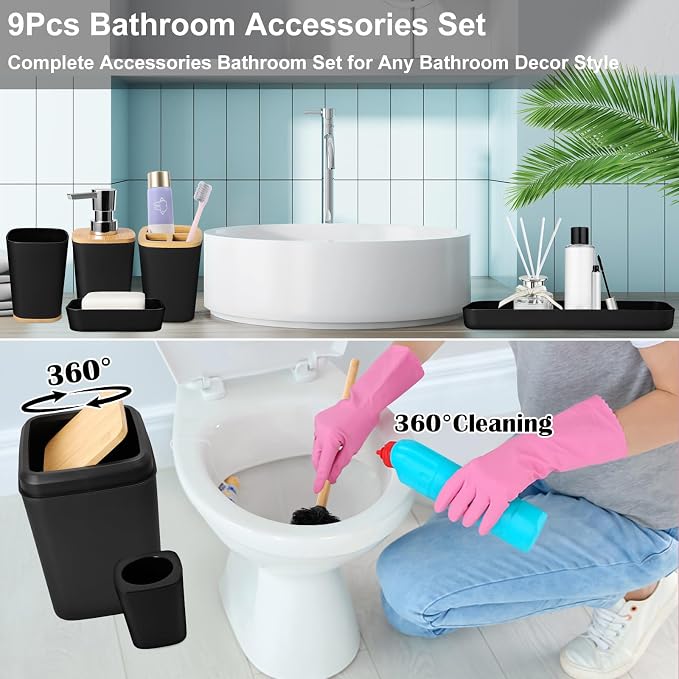 XLHOMO Bathroom Set Black Bathroom Trash Can, 9 Piece Bathroom Decor Toothbrush Holder, Cup, Lotion Dispenser, Tray, Soap Dish, Toilet Brush, Qtip Holder