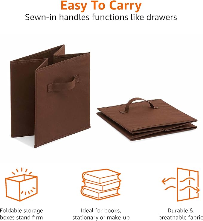 Amazon Basics Collapsible Fabric Storage Bins with Handles, Cube Organizer, Lightweight Fabric, 10.5"x10.5"x11", Brown, 6-Pack