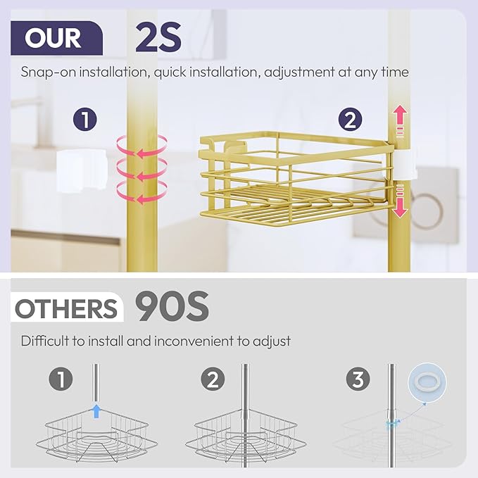 SWTYMIKI Shower Caddy Tension Pole - 4-Tier Corner Shower Organizer Tension Rod with Soap Holder, Toothbrush Holder & 4 Hooks, Adjustable Stainless Steel Bathroom Organizer 27.6 to 108.3 inch, Gold