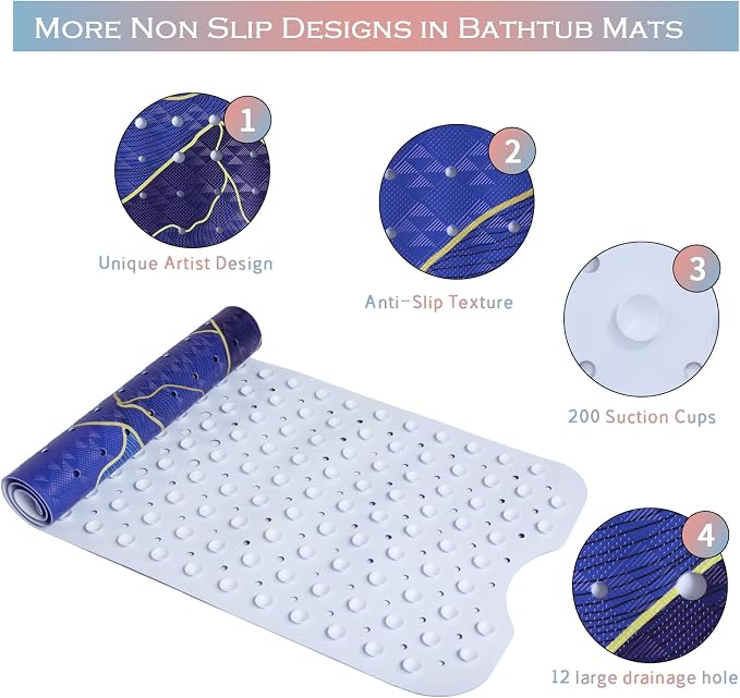 Mountain Bathtub Mat Non Slip 40x16in Gold Line Extra Long Bath Mat for Tub Bohemian Abstract Art Anti Slip Shower Mat for Bathroom with Large Drain Holes and Suction Cups Quality Bath Mats Decor