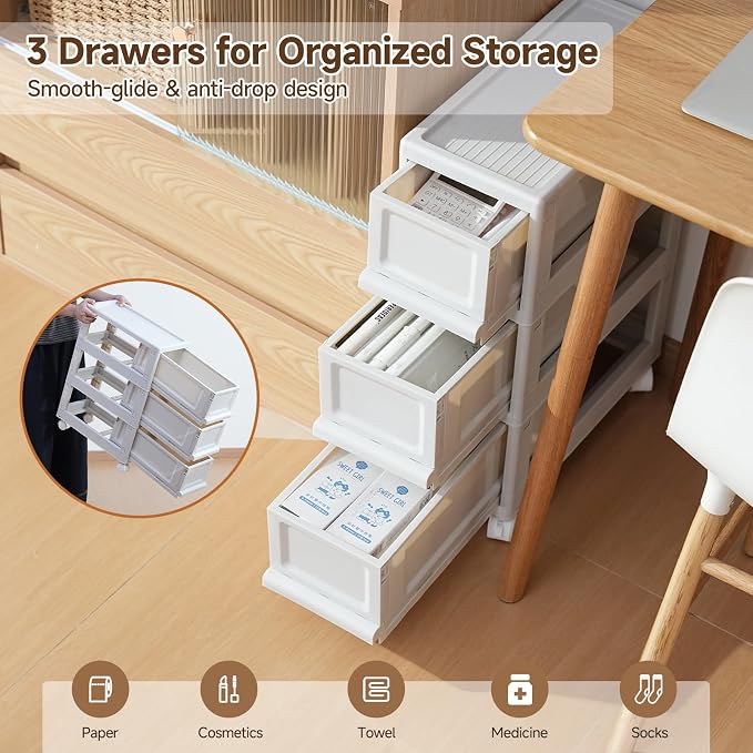 Narrow Plastic Storage Drawers: 3 Drawer Storage Organizer with Wheels, Narrow Storage Cabinet, Rolling Storage Cart for Narrow Space, 7.87-inch Wide (All-White)