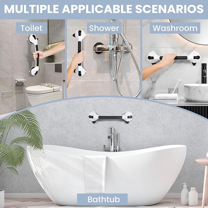 Grab Bars for Shower, 16.5 Inch Shower Handle with Safety Indicators, Suction Cup Bathroom Grab Bar for Elderly, Seniors, Handicap - No Drill, Waterproof, Removable (2 Pack), Black White