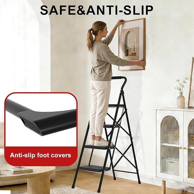4 Step Ladder Folding 330lbs Anti Slip，Foldable Ergonomic with Wide Pedal for Home, Kitchen, Offic Matte Black
