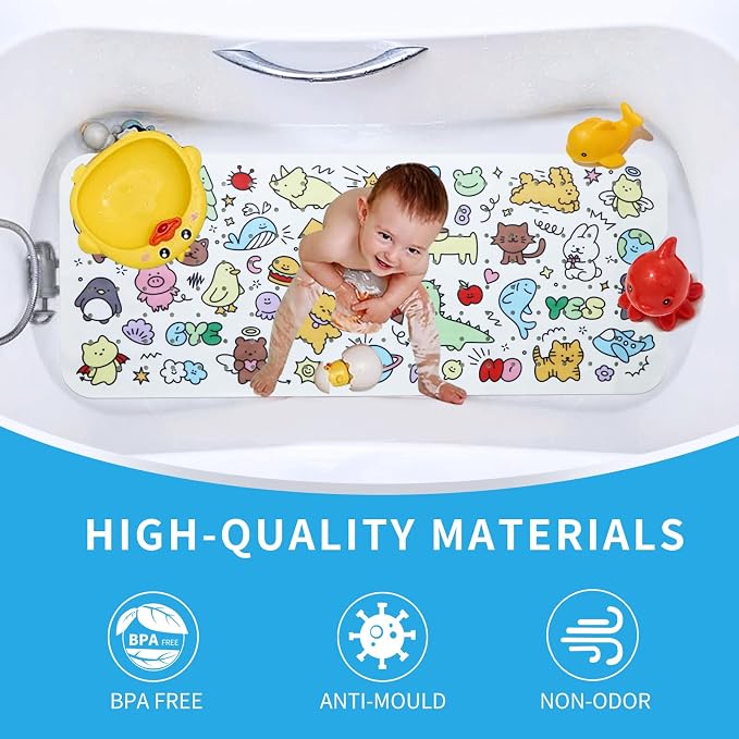 Baby Bath Mat for Tub Non Slip Kids Bathtub Mat Extra Long 40X16 Inch Toddler Bath Tub Shower Mat Anti Slip with Suction Cups & Drain Holes, Machine Washable (Cartoon)