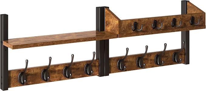 YMYNY 31.5" Coat Rack Wall Mount with Shelf, 4 in 1 Key and Coat Hanger with 12 Metal Hooks, Wall Shelf with Hooks & Mail Holder for Living Room, Bedroom, Rustic Brown, HWS007H-2