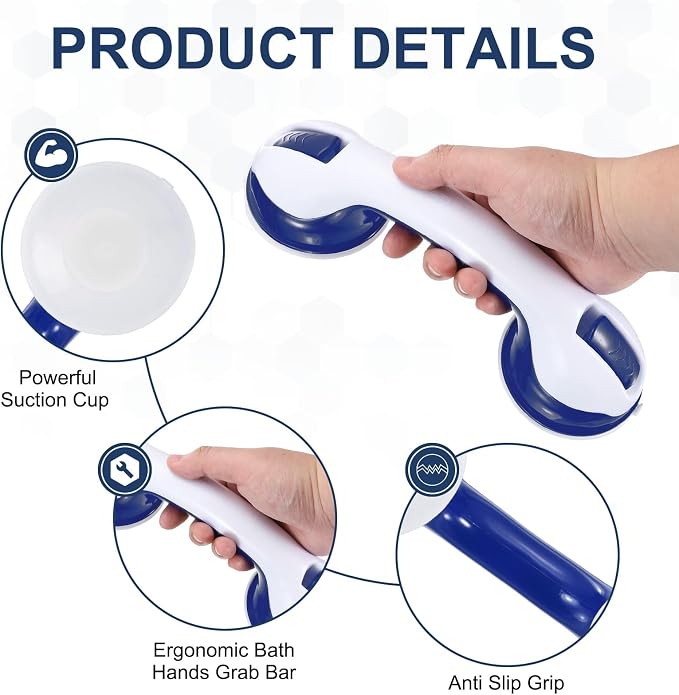 uxcell Grab Bars for Shower, 12 Inch Shower Handle Suction Cup, Grab Bars Elderly Assistance Products Safety Removable Grip Press-Lock for Seniors Bathtubs Bathroom Toilets, White/Blue