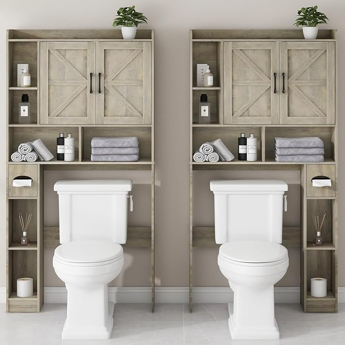 Vabches Over The Toilet Storage Cabinet, Farmhouse Storage Cabinet Over Toilet with 2 Barn Door & Toilet Paper Holder Stand，Home Space-Saving Toilet Rack, for Bathroom, Restroom, Laundry