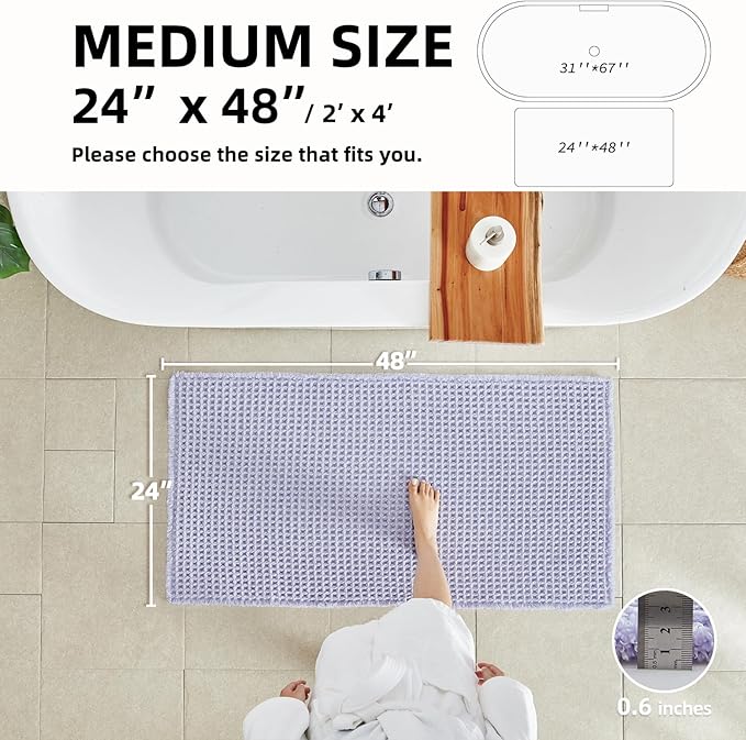 TYUU Waffle Bath Mat, Boho Bathroom Rugs Non Slip Washable Super Absorbent Quick Dry Cute Bath Mat Farmhouse Bathroom Decor, 48''x24'' Lavender Cream