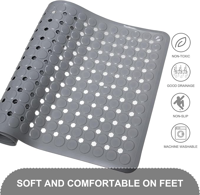 TEESHLY Bath Mat for Tub & Shower, Non Slip Soft Bathmat with Suction Cups & Drain Holes, Machine Washable Bathtub Floor Liner Mats for Bathroom, 35x16 Inch, Gray