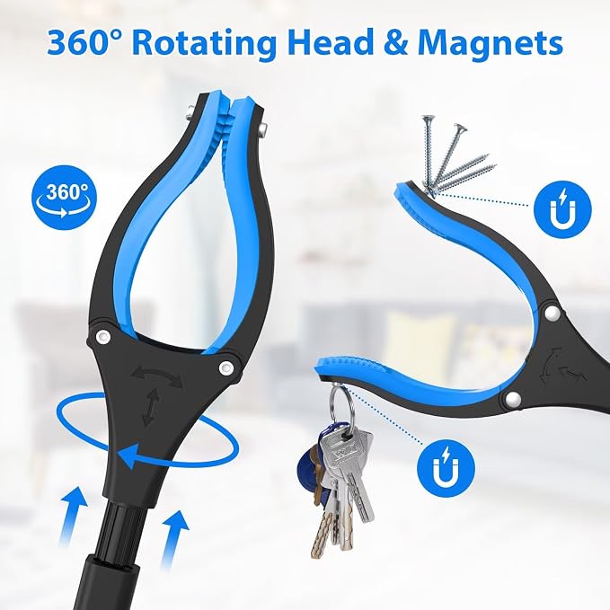 43" Grabber Reacher Tool, Foldable Reacher Grabber Pickup Tool with 360° Rotating Jaw & Two Magnets, Extra Long Trash Picker Upper Grabber, Extension Grabbers for Seniors, Blue