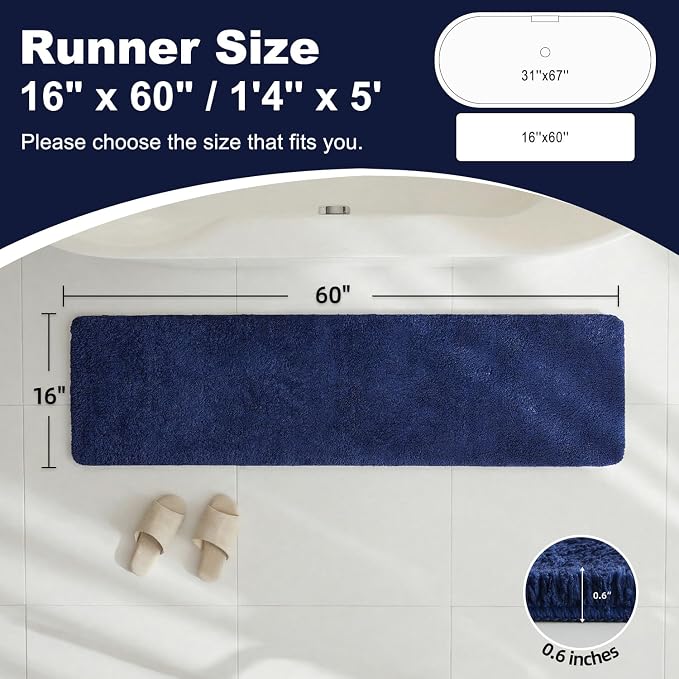 TYUU Navy Blue Bathroom Runner Rugs, Ultra Soft Long Bath Mat Machine Washable Super Absorbent Quick Dry Bathroom Runner Rug 16 x 60 Non Slip, Navy Blue 16" x 60"