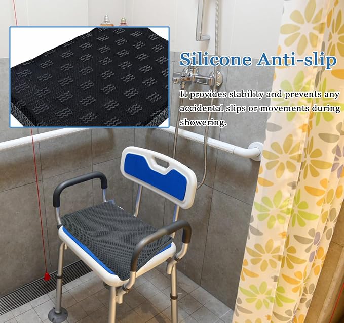 REEZEIVI Shower Seat Cushion with Non-Slip Silicone Bottom,Soft 4D Mesh Fabric,Bathtub Chair Pad for Elderly,Quick Drying and Washable Shower Seat Mat, Design for Elderly, Senior, Handicap,Disabled